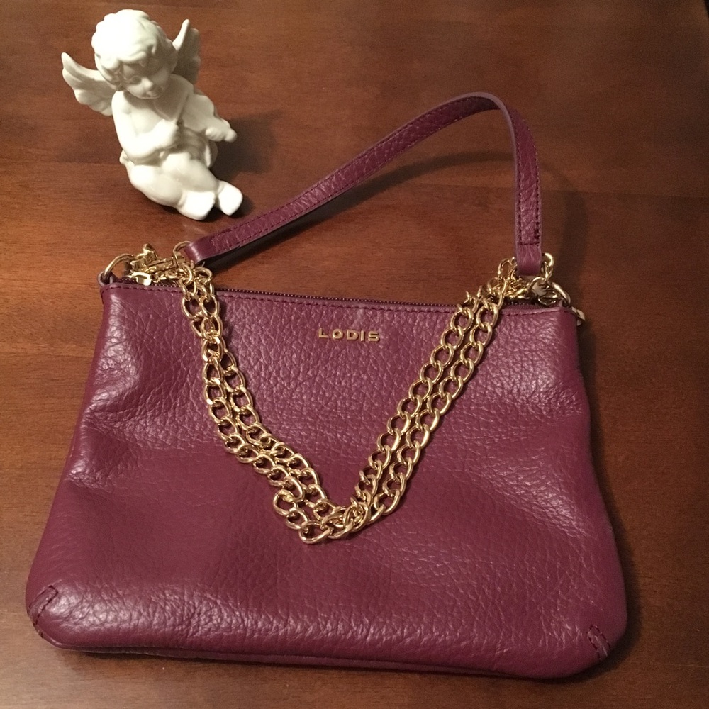 Lodis burgundy gold chain evening wristlet bag